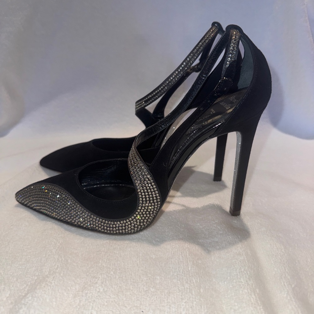 Rene Caovilla Black Heels with Silver Accents